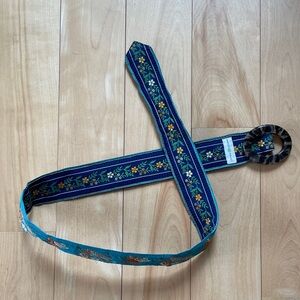 Hadley Pollet reversible embroidered blue ribbon belt with tortoiseshell buckle